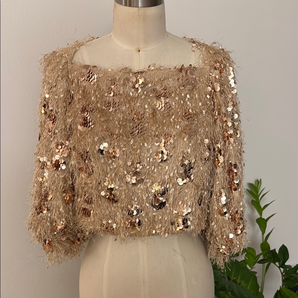 Zara Pink/Gold Sequin Crop Blouse with 3/4 Sleeves